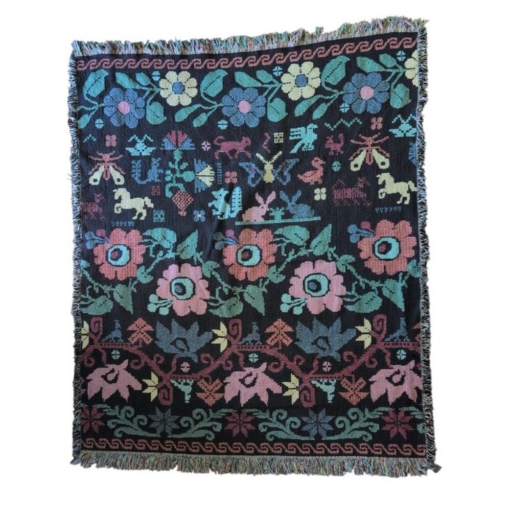 100% Cotton Woven Throw Blanket Floral Folk Art Fringe Black 55x48 India Unicorn